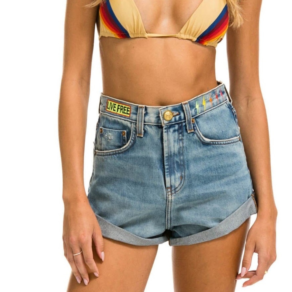 Aviator Nation HI RISE ROCKER LIVE FREE BOLT JEAN SHORTS - VINTAGE sz 26
